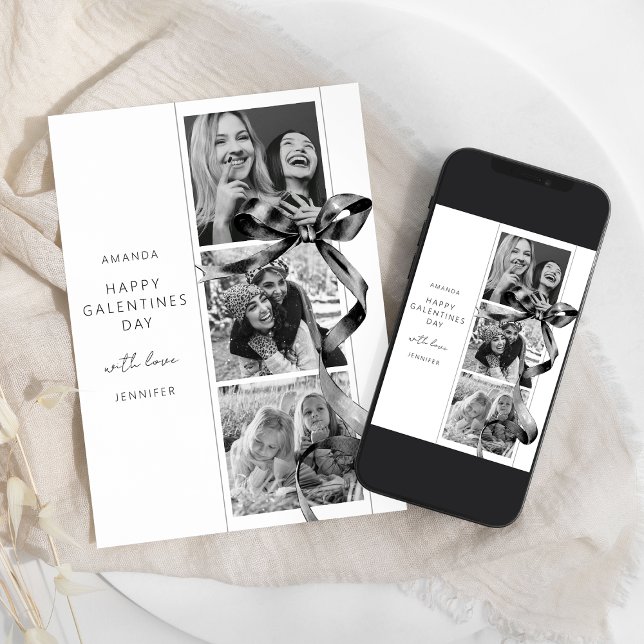 Elegant Black Bow 3 Photo Galentines Day Card (Creator Uploaded)