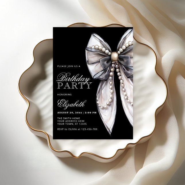 Elegant Black Bow and Pearl Birthday Party Invitation (Creator Uploaded)