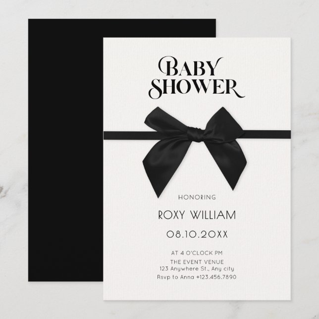 Elegant black bow baby shower invitation (Front/Back)