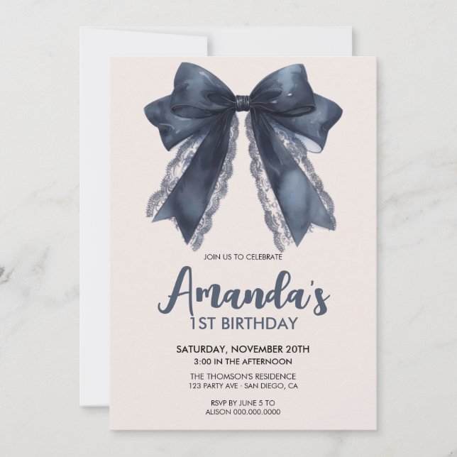 Elegant Black bow birthday  Invitation (Front)