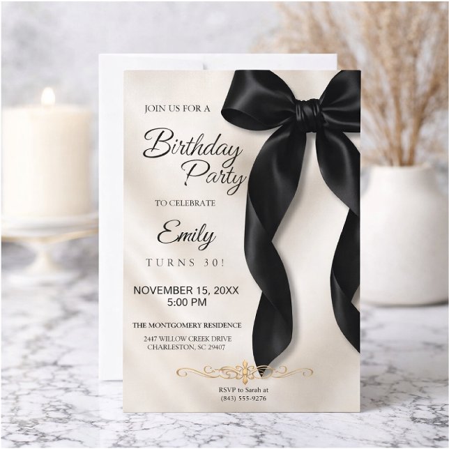 Elegant Black Bow Birthday Invitation (Creator Uploaded)