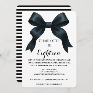 Elegant Black Bow Birthday Invite - Black Stripe