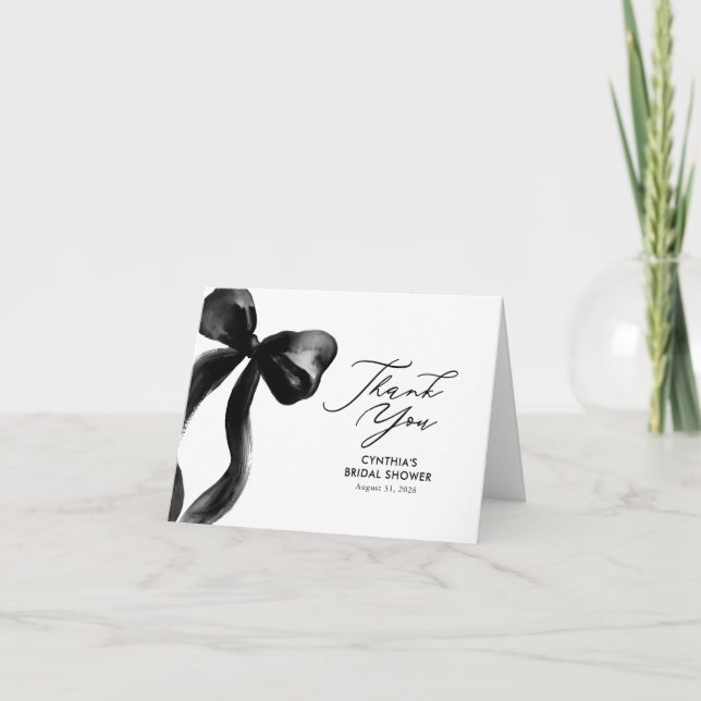 Elegant Black Bow Bridal Shower Thank You Card (Front)