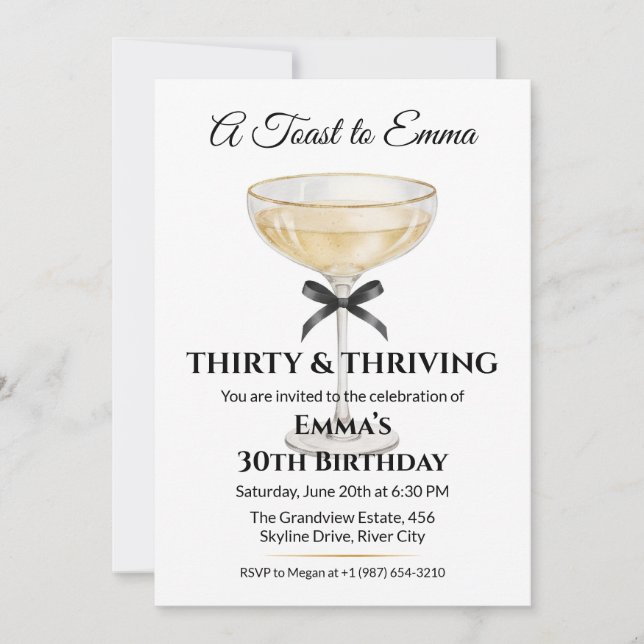 Elegant Black Bow & Champagne 30th Birthday Party Invitation (Front)