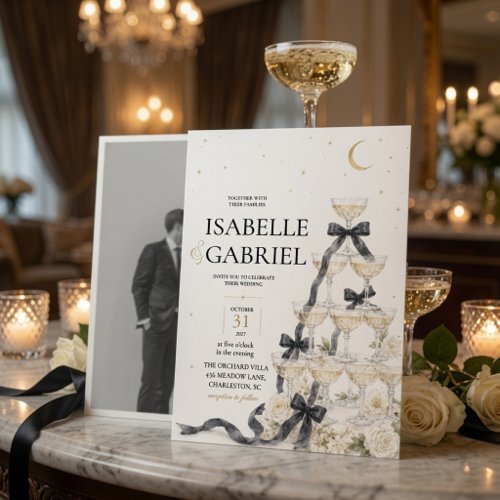 Elegant Black Bow Champagne Tower Photo Wedding Invitation