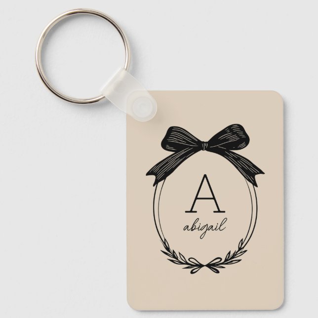 Elegant Black Bow Chic Coquette Beige Monogram Keychain (Front)