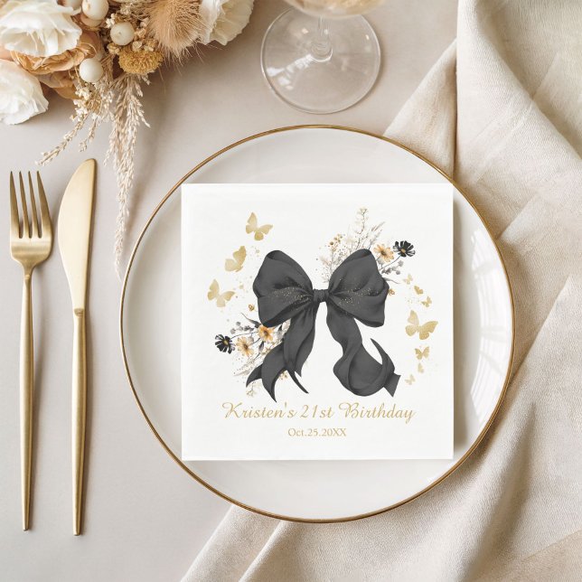 Elegant Black Bow Coquette Wildflowers Napkins (Elegant Black Gold Coquette Bow Napkins)