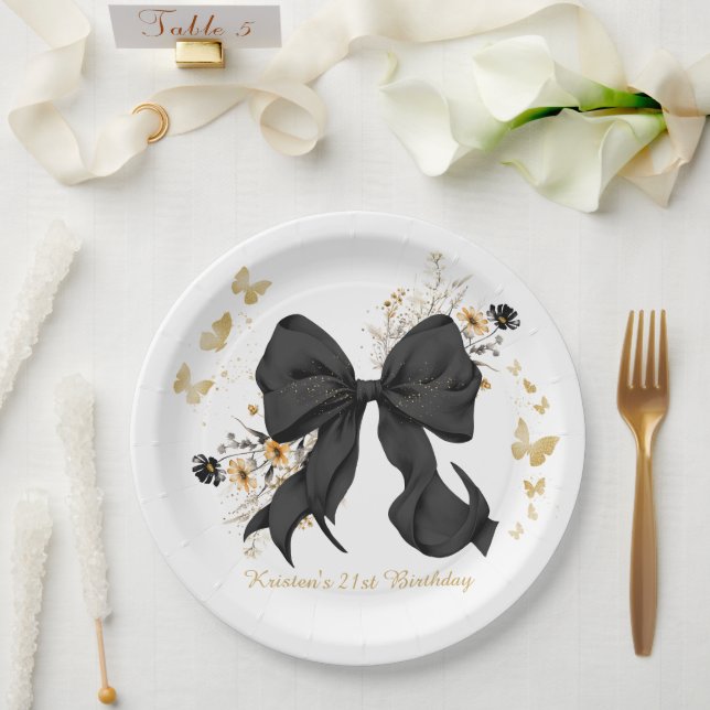 Elegant Black Bow Coquette Wildflowers Paper Plates (Wedding)