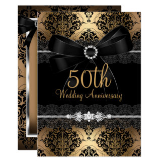 Elegant Black Bow & Damask Gold 50th Anniversary 2 Invitation