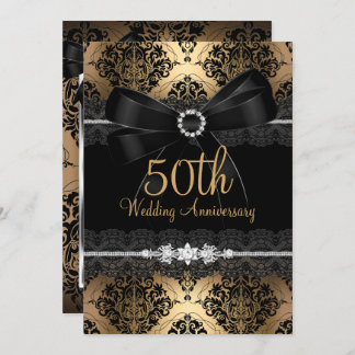 Elegant Black Bow & Damask Gold 50th Anniversary 2 Invitation
