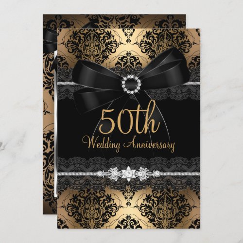 Elegant Black Bow  Damask Gold 50th Anniversary 2 Invitation