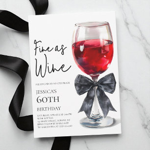 Elegant Black Bow Fine as Wine 60th Birthday Party Invitation