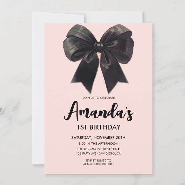 Elegant Black bow  Girl birthday  Invitation (Front)