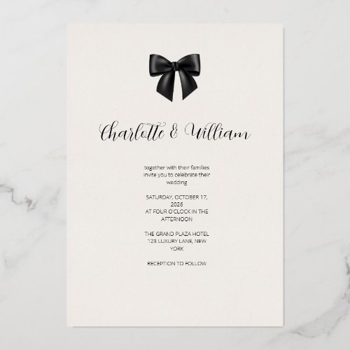 Elegant Black Bow Gold Foil Wedding Invitation