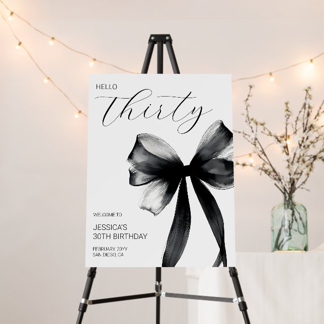 Elegant Black Bow Hello Thirty 30th Birthday Party Foam Board (In Situ (Stand))