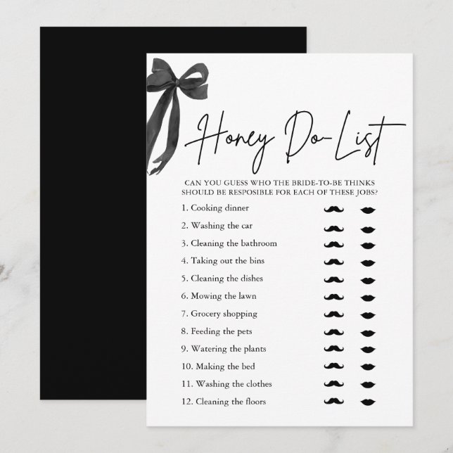 Elegant Black Bow Honey Do List Bridal Shower Game Invitation (Front/Back)