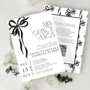 Elegant Black Bow Mis Quince Años QR Quinceañera Invitation