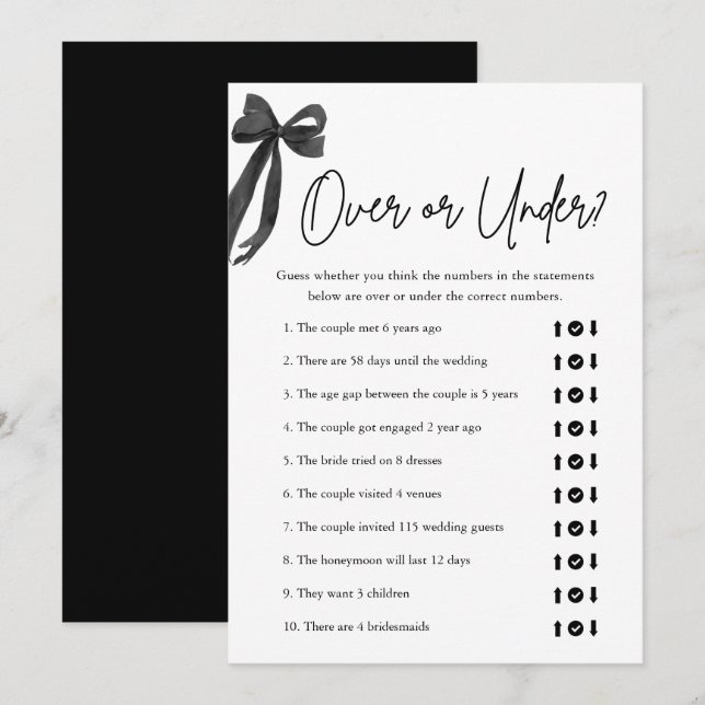 Elegant Black Bow Over or Under Bridal Shower Game Invitation (Front/Back)