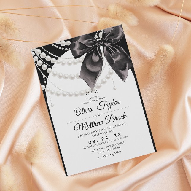 Elegant Black Bow Pearls Wedding Invitation (Creator Uploaded)