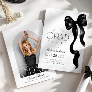 Elegant Black Bow Photo Grad Party Invitation