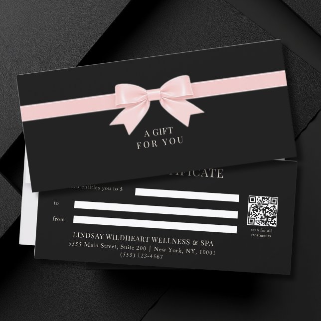 Elegant Black Bow QR Code Gift Certificate (Elegant Black Light Pink Beige Bow QR Code Gift Certificate)