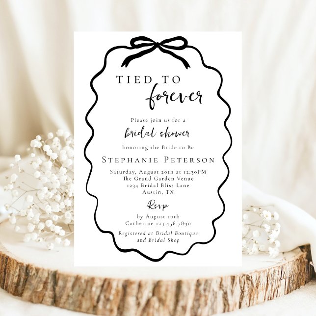 Elegant Black Bow Tied to Forever Bridal Shower Invitation (Creator Uploaded)