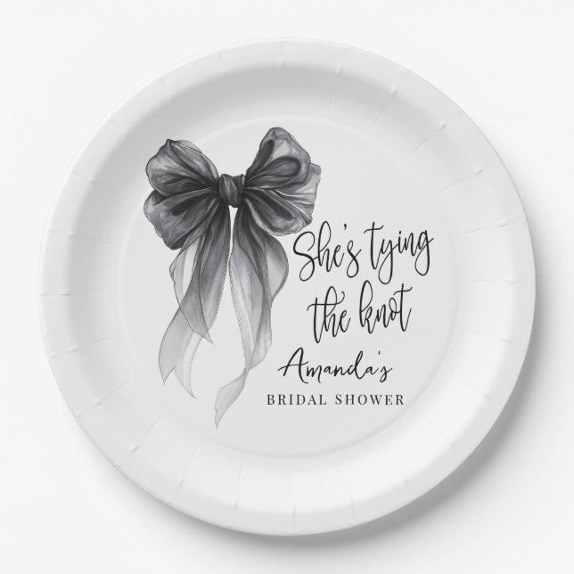 Elegant Black Bow Tying The Knot Bridal Shower Paper Plates (Front)