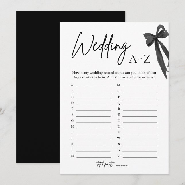 Elegant Black Bow Wedding A-Z Bridal Shower Game Invitation (Front/Back)