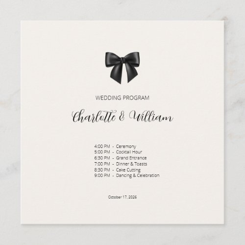 Elegant Black Bow Wedding Flat Program Card