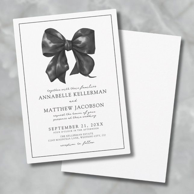 Elegant Black Bow Wedding Invitation (Simple Minimalist Watercolor Black Bow Wedding Invitation)
