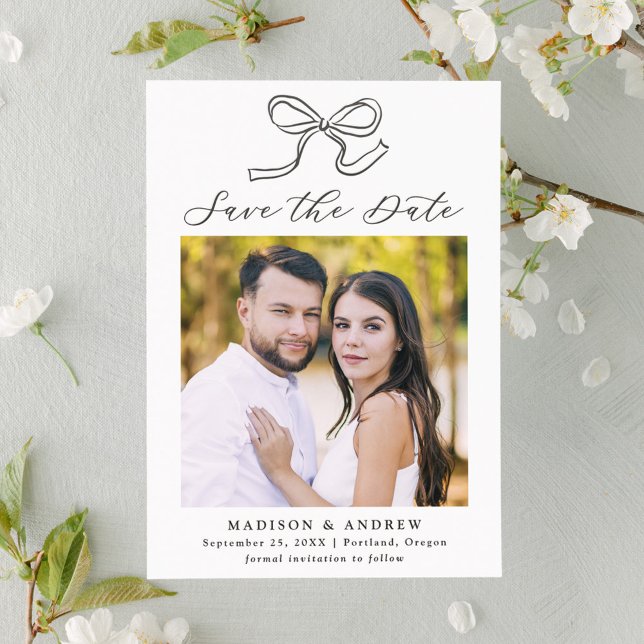 Elegant Black Bow Wedding Save the Date Letterpress Photo Cards (Creator Uploaded)