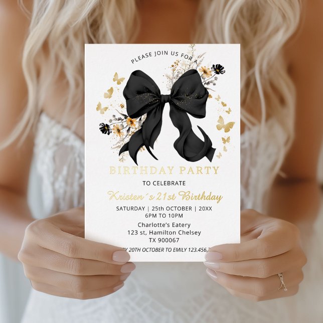 Elegant Black Bow Wildflowers Invitation Gold Foil Invitation (Elegant black Bow Coquette 21st Birthday invitation)