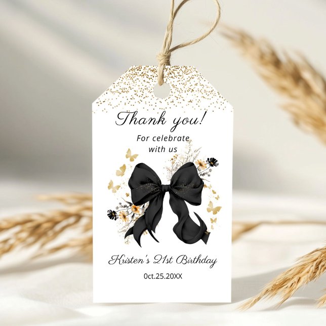 Elegant Black Bow Wildflowers Thank you  Gift Tags (Balck bow coquette Birthday Thank you gift tag)