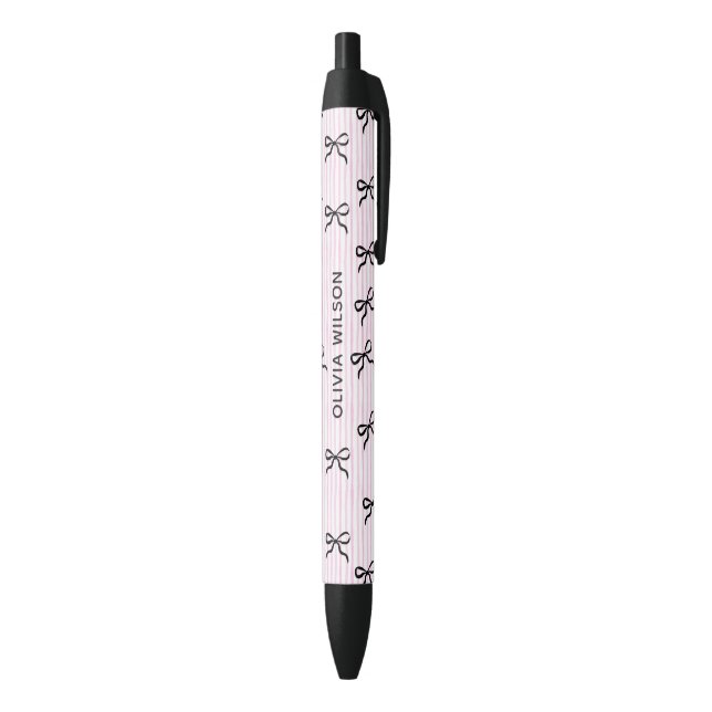 Elegant Black Bows Pink Stripes Monogram Pen (Bottom (Vertical))