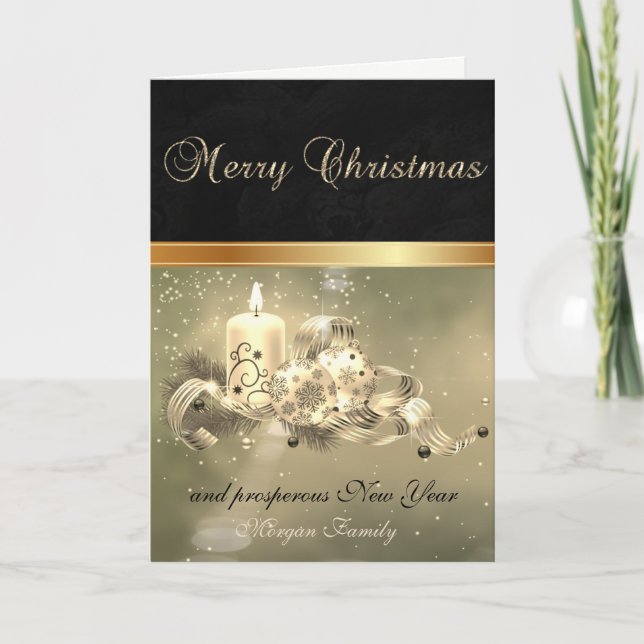 Elegant  Black,Branch Balls Candle Holiday Card (Front)