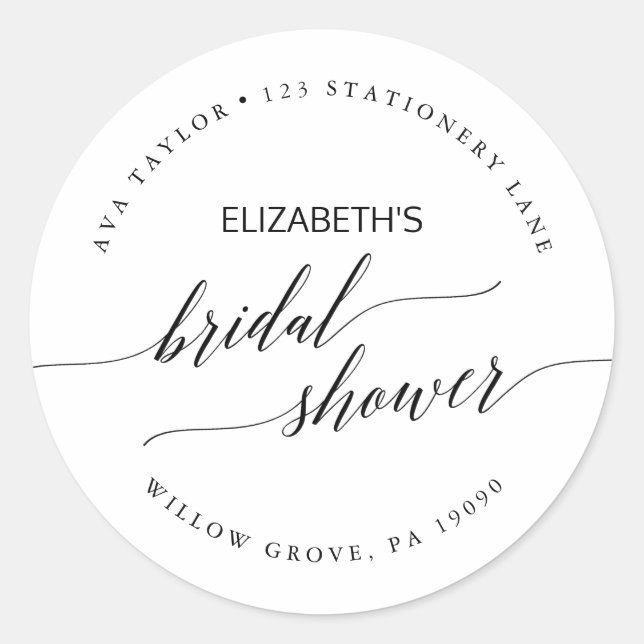 Elegant Black Bridal Shower Return Address Classic Round Sticker (Front)