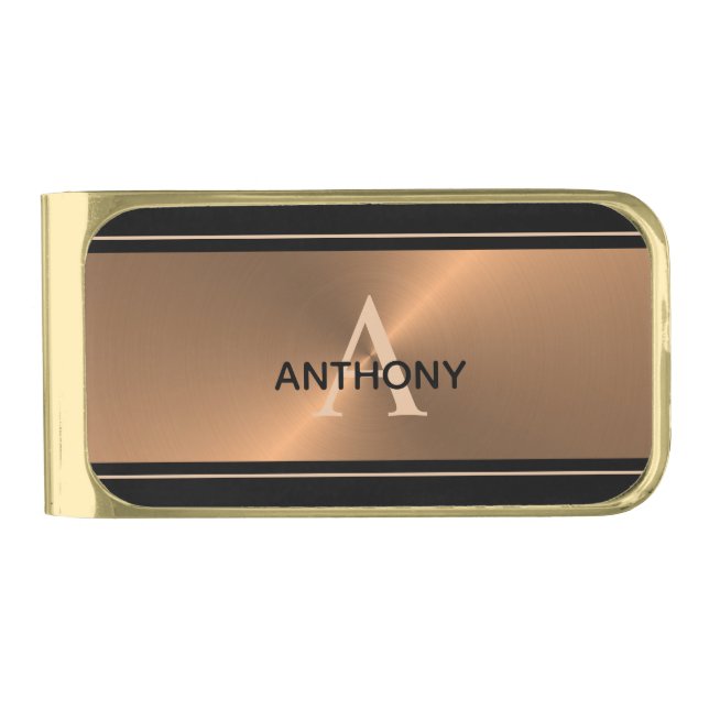 Elegant Black Bronze Monogram Name Gold Finish Money Clip (Front)