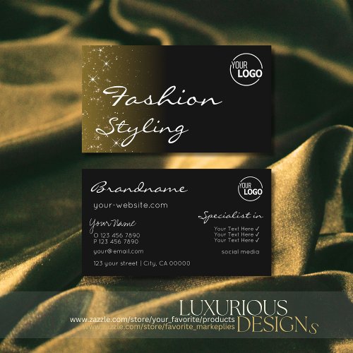 Elegant Black Brown Glitter Stars Chic with Logo Business Card