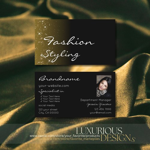 Elegant Black Brown Glitter Stars Chic with Photo Business Card