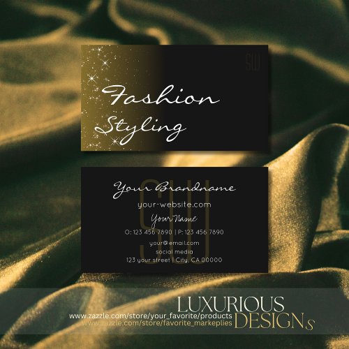 Elegant Black Brown Glitter Stars with Initials Business Card