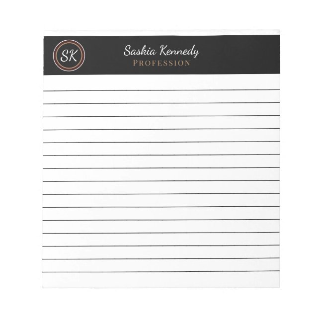 Elegant Black Brown Mix Lined Monogram Business Notepad (Front)