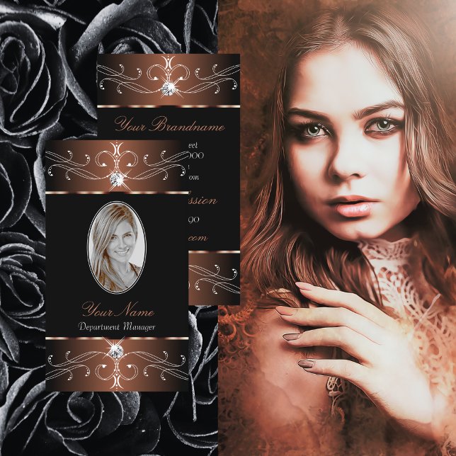 Elegant Black Brown Ornate Ornaments with Photo Business Card (Creator Uploaded)