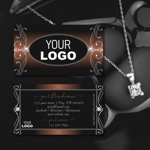 Elegant Black Brown Ornate Sparkle Jewels Add Logo Business Card