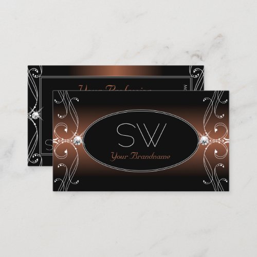 Elegant Black Brown Ornate Sparkle Jewels Monogram Business Card