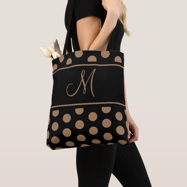 Elegant Black Brown Polka Dots Stripe Monogram Thr Tote Bag (Close Up)