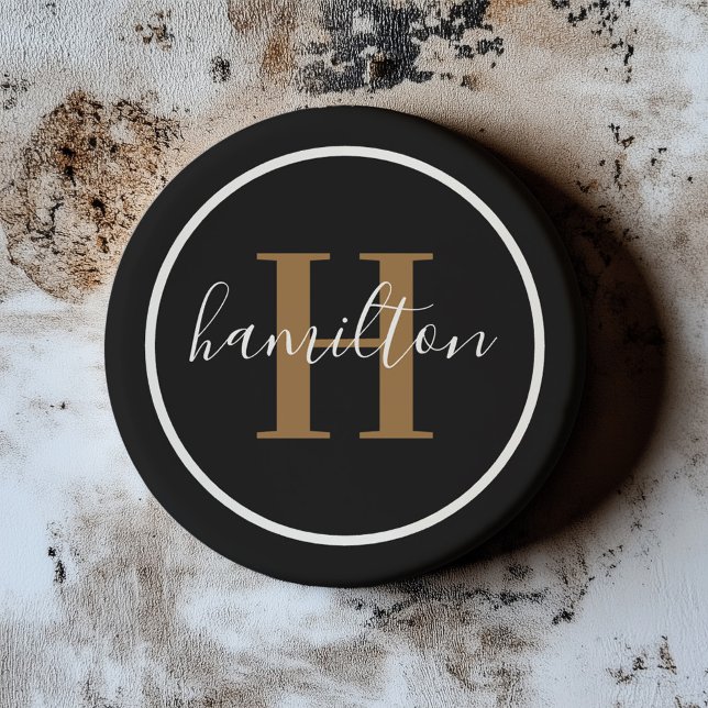 Elegant Black Brown Round Monogram Dark Coaster (Creator Uploaded)