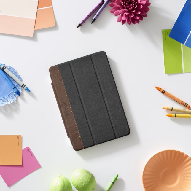 Elegant Black & Brown Stitched Leather iPad Mini Cover (In Situ)