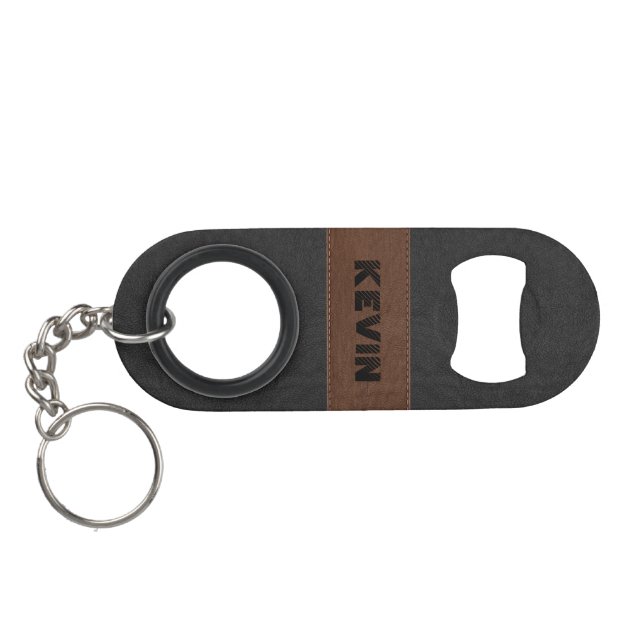 Elegant Black & Brown Vintage Leather Keychain Bottle Opener (Back Horizontal)