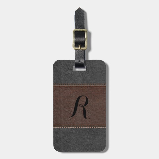 Elegant Black & Brown Vintage Leather Luggage Tag (Front Vertical)