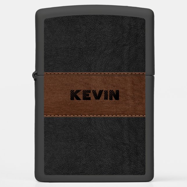 Elegant Black & Brown Vintage Leather Zippo Lighter (Front)
